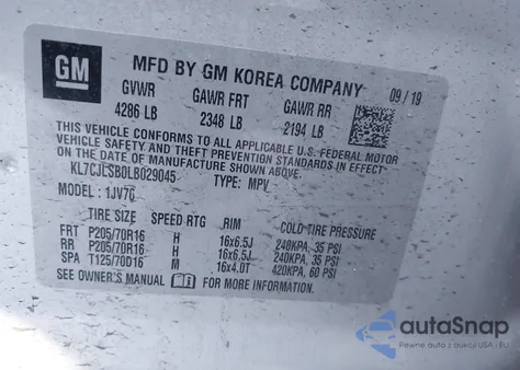 2020 Chevrolet Trax Fwd Lt z USA, uszkodzony, nr VIN KL7CJLSB0LB029045